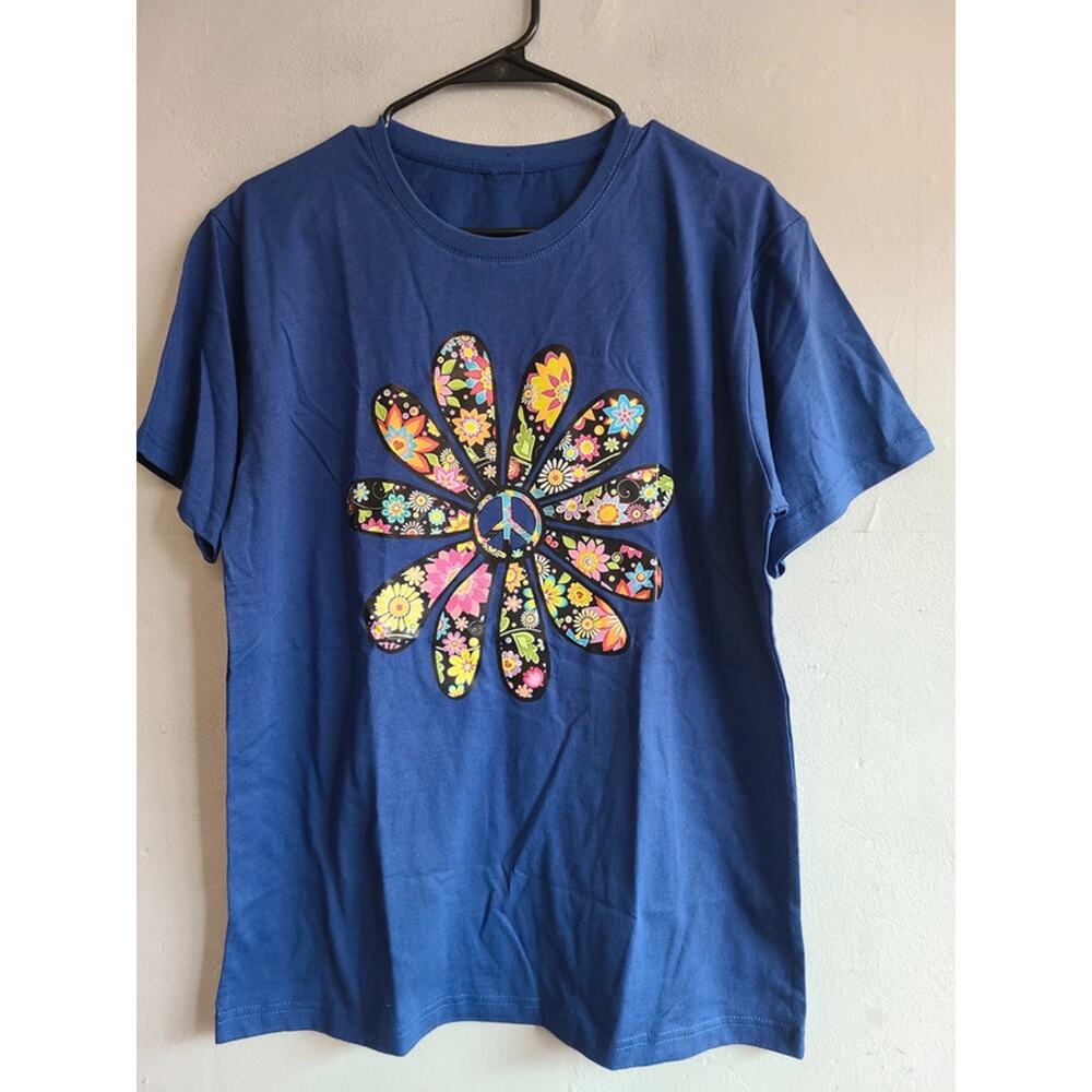 New women's dark blue tee t-shirt with hippie flower (medium, large)